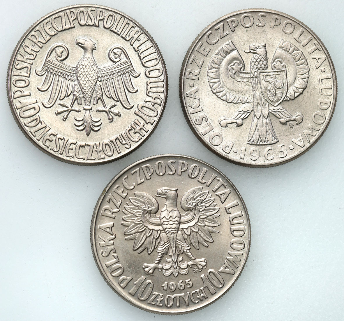 PRL. PRÓBA Miedzionikiel 10 złotych 1964 - 1965 Syrenka i Kazimierz Wielki - zestaw 3 monet